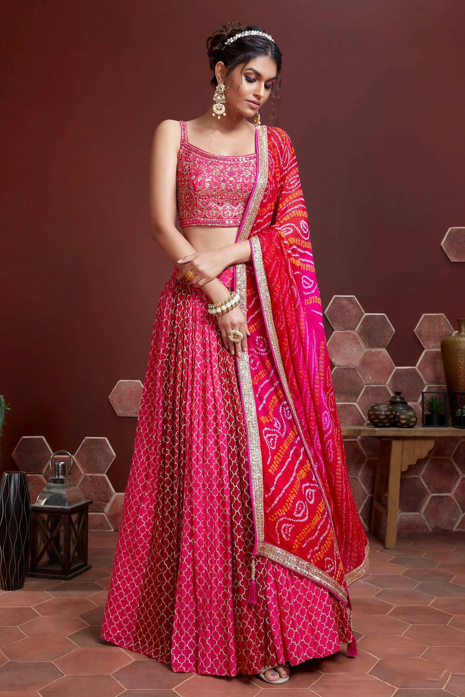 Wedding Designer Pink Pure Chinon Silk Lehenga Choli - Anbazaar - Distacart