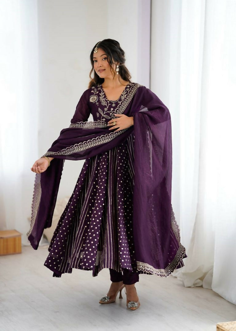 Teeya Creation Violet Color Heavy Crunchy Silk Embroidery Work Gown