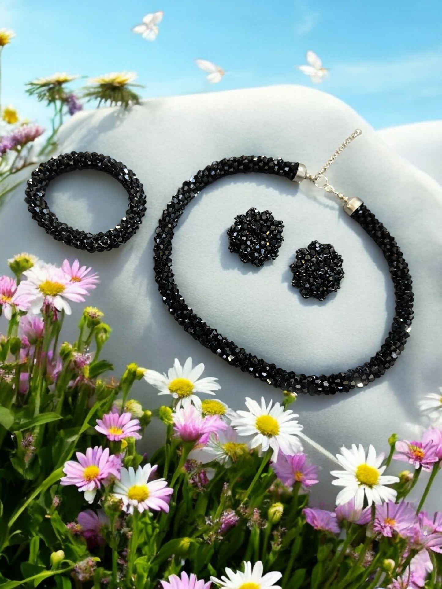 Inhanns Complete Look Crystal Statement 3-Piece Set (Adjustable Necklace + Earrings + Adjustable Bangle ) - Black - Distacart