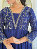 Thumbnail for The52 Blue Women's Beautiful Embroidered Vichitra Silk Fabric with Flared Kurta, Pant and Dupatta Set - Distacart
