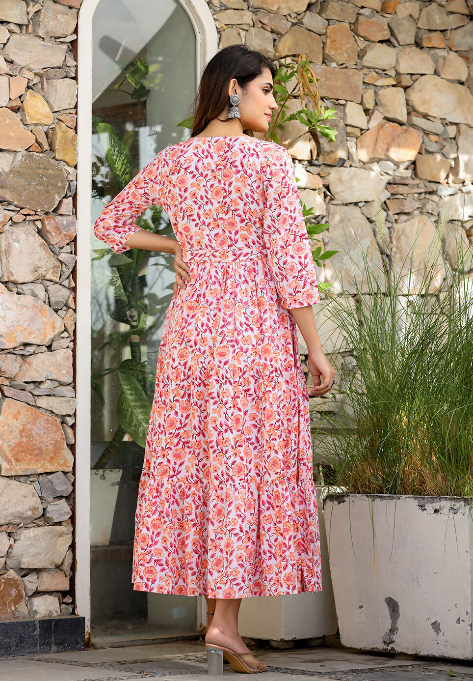 Kaajh Women's Orange Ethnic Floral Hand Block Print Cotton Dress - Distacart