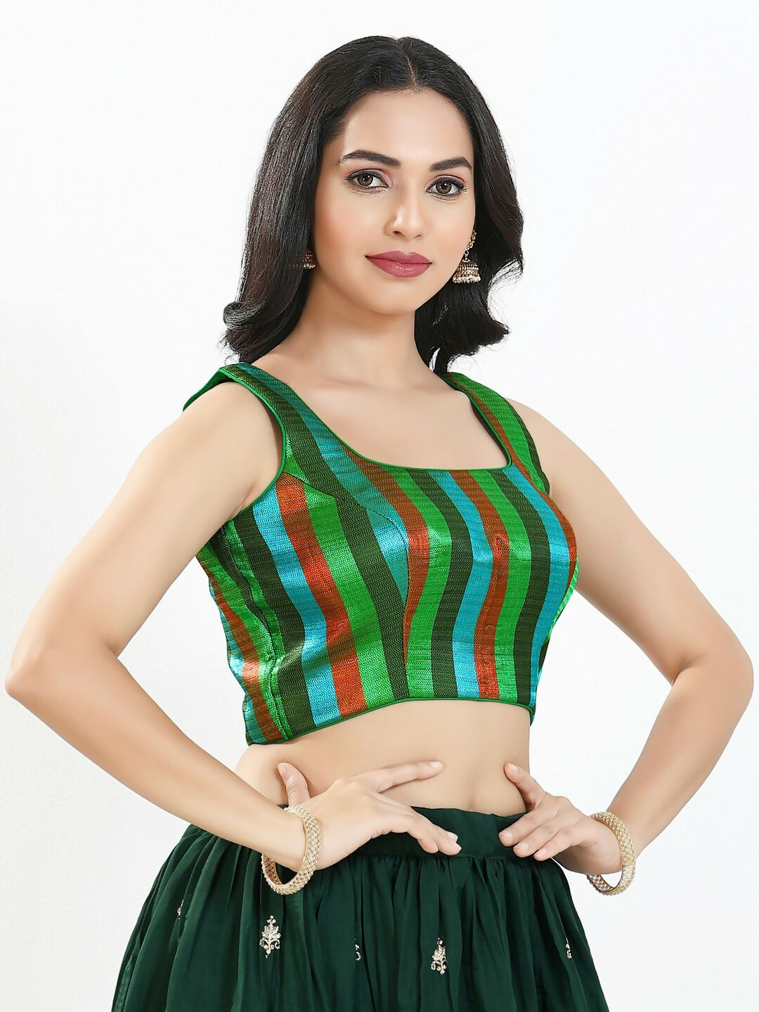 Joban Fashion Green Multi Brocade Padded Blouse With Square Neck Sleeveless