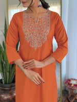 Thumbnail for The52 Orange Women's Gorgeous Embroidered Rayon Fabric with Straight Kurta, Pant and Dupatta Set - Distacart