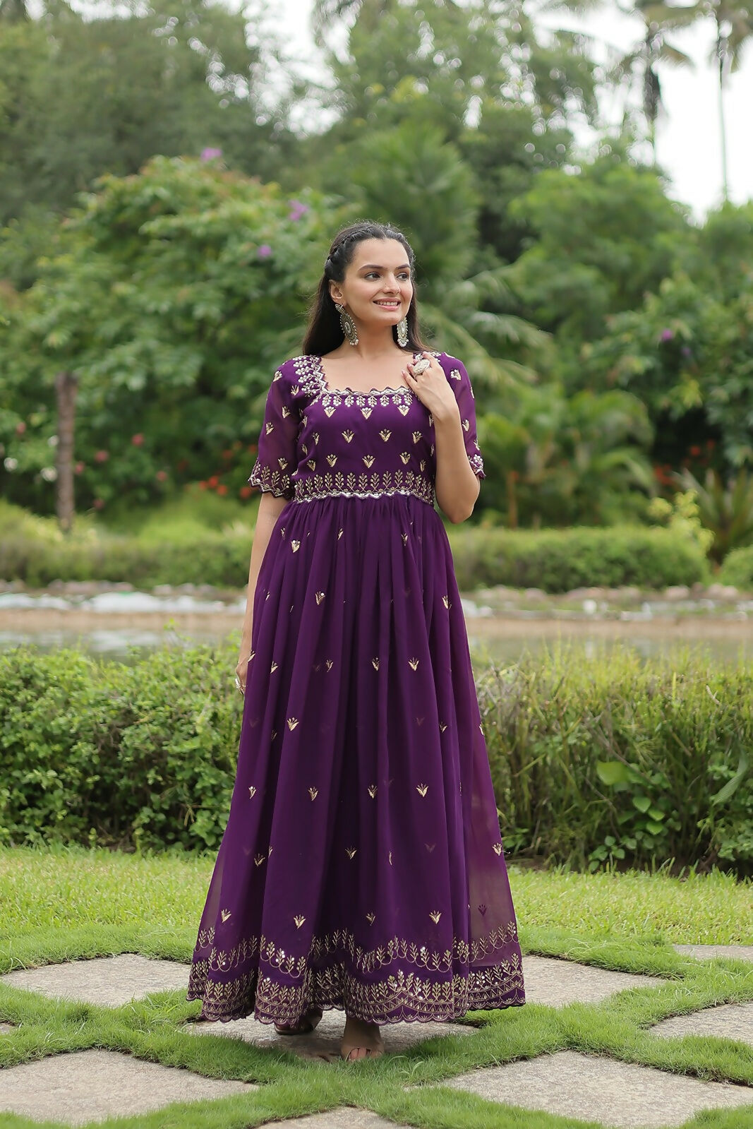 Joban Fashion Purple Georgette Sequence Embroidery Work Gown