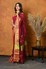 Thumbnail for Very Much Indian Handloom Pure Cotton Linen Saree With Golden Border - Maroon - Distacart