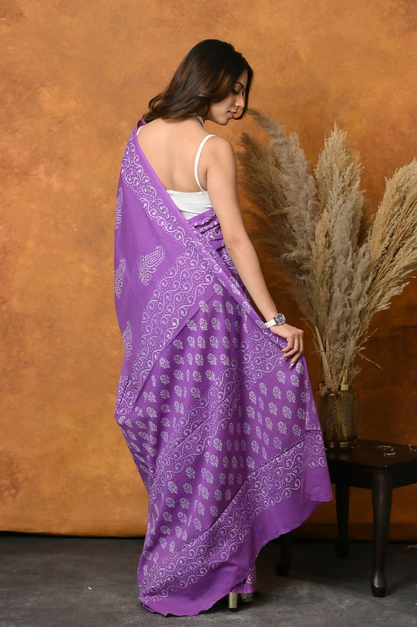 Very Much Indian Handblock Printed Cotton Saree With Natural Dyes - Purple - Distacart