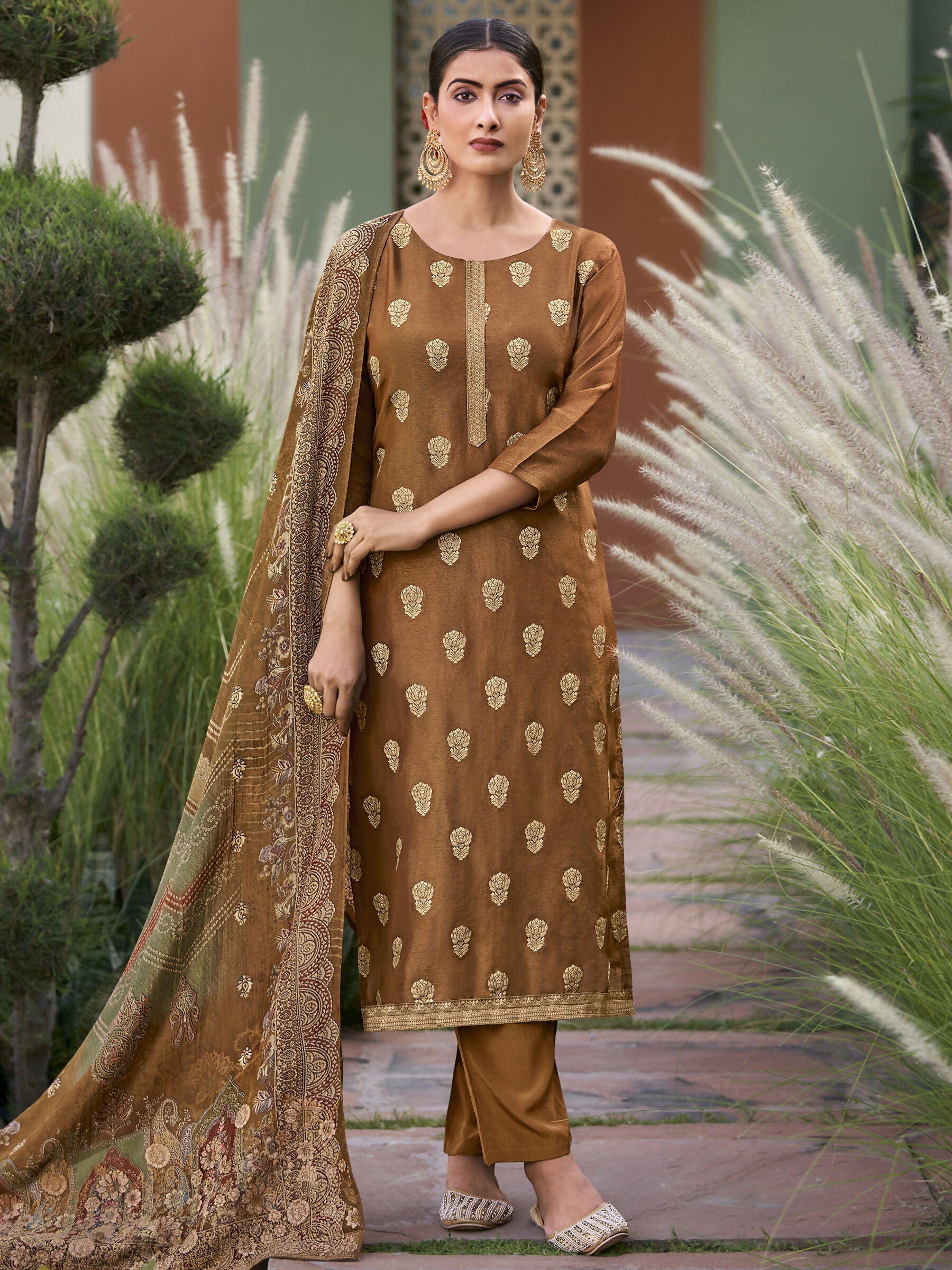 Jyoti Fashion Women's Brown Pure Silk Elegant Jacquard Woven Kurta with Trouser & Dupatta - Distacart
