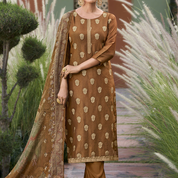 Jyoti Fashion Women's Brown Pure Silk Elegant Jacquard Woven Kurta with Trouser & Dupatta - Distacart