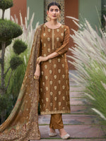 Thumbnail for Jyoti Fashion Women's Brown Pure Silk Elegant Jacquard Woven Kurta with Trouser & Dupatta - Distacart