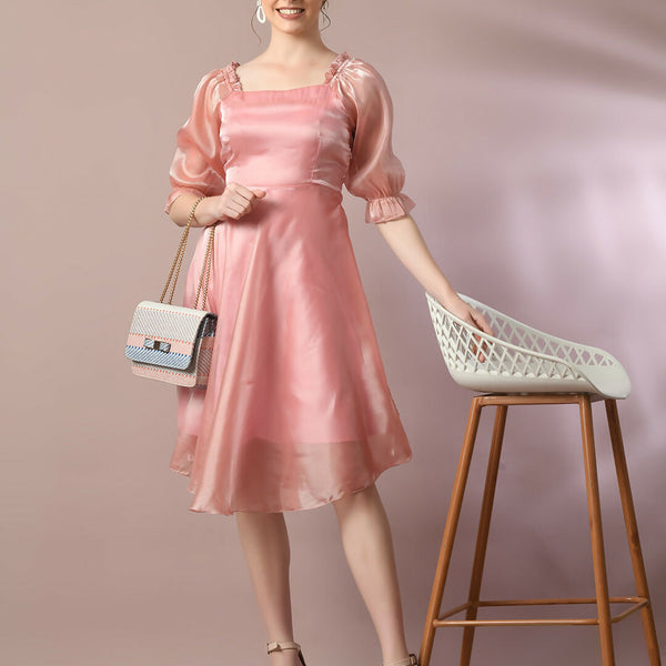 Myshka Women's Pink Solid Square Neck Fit and Flare Party Dress - Distacart