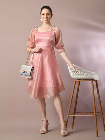 Myshka Women's Pink Solid Square Neck Fit and Flare Party Dress - Distacart