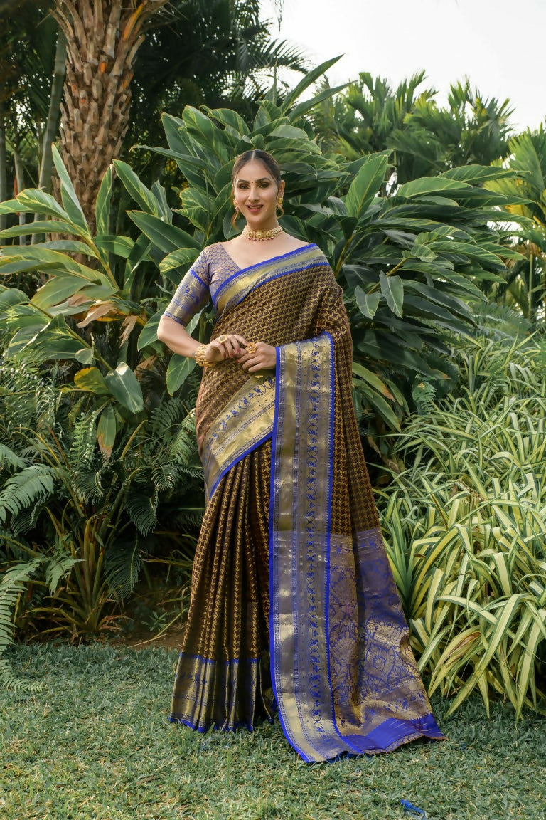 Jyoti Fashion Women's Coffee Kanjivaram Silk Zari Woven Saree with Blouse - Distacart