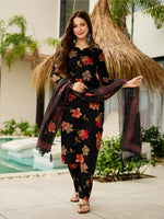 Thumbnail for The52 Black Women's Gorgeous Printed Silk Blend Fabric Straight Kurta, Pant and Dupatta Set - Distacart