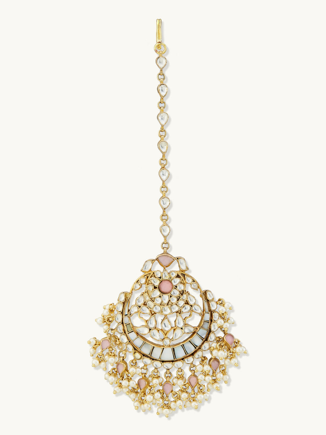 Nuyug 22K Gold-Plated Pearls & Pink Kundan Studded Statement Maang Tikka Head Jewellery