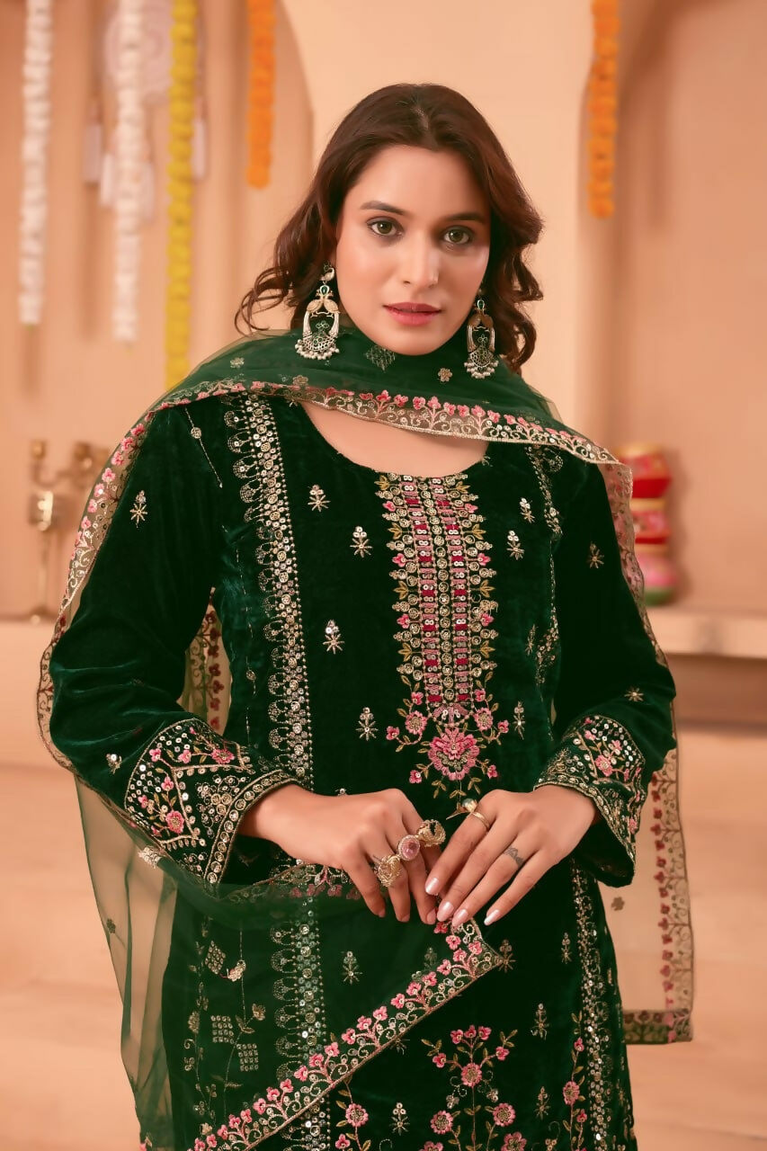 Teeya Creation Green Color Velvet Embroidery Work Wedding Wear Salwar Suit