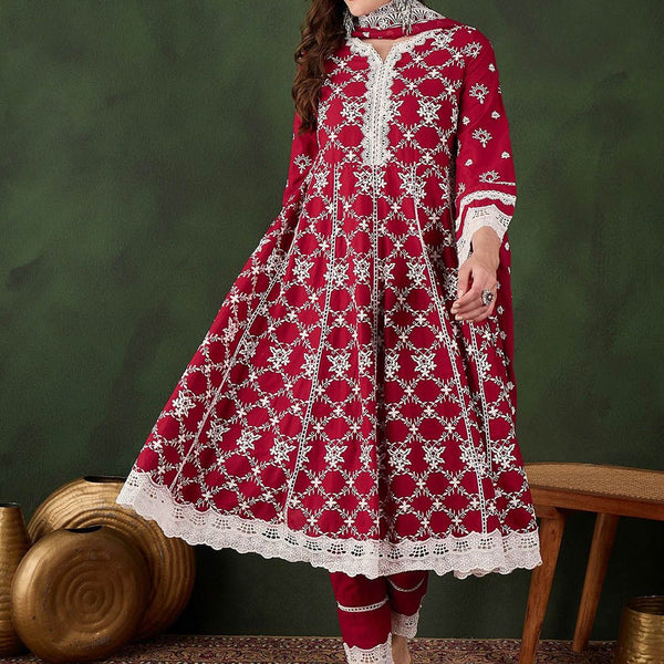 Sangria Embroidered Pure Cotton Kurta & Trouser With Dupatta - Distacart