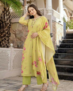 Thumbnail for The52 Lemons Women's Beautiful Chanderi Fabric Printed Work Straight Kurta Pant and Dupatta Set - Distacart