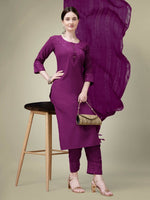 Thumbnail for Jyoti Fashion Women's Purple Cotton Blend Embroidery & Sequence work Kurta with Trouser & Dupatta - Distacart
