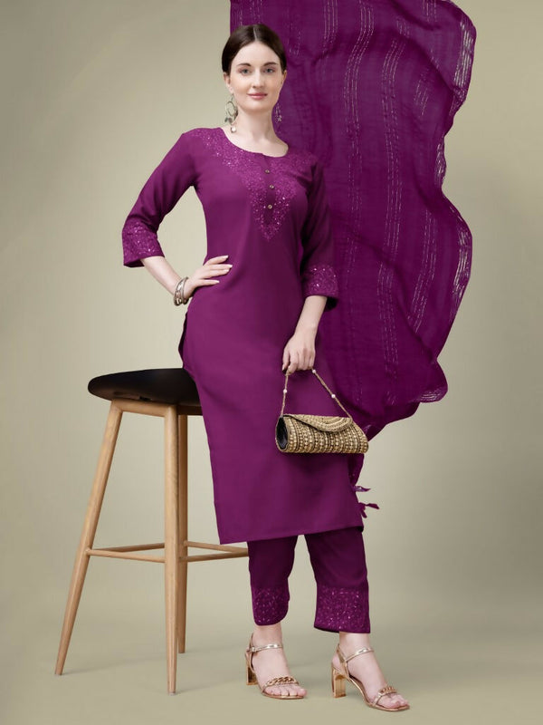 Jyoti Fashion Women's Purple Cotton Blend Embroidery & Sequence work Kurta with Trouser & Dupatta - Distacart