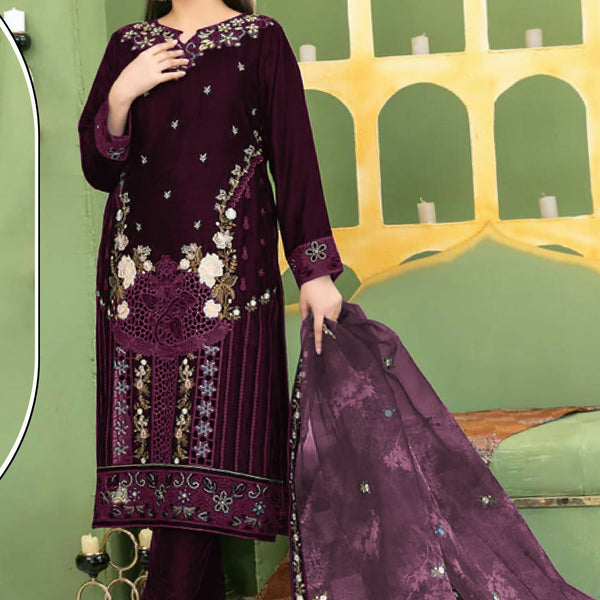 Anaita Purple Velvet Suit with Embroidery Sequence Work