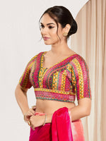 Thumbnail for Joban Fashion Pink Multi Brocade Padded Blouse With V Neck Elbow Sleeves - Distacart