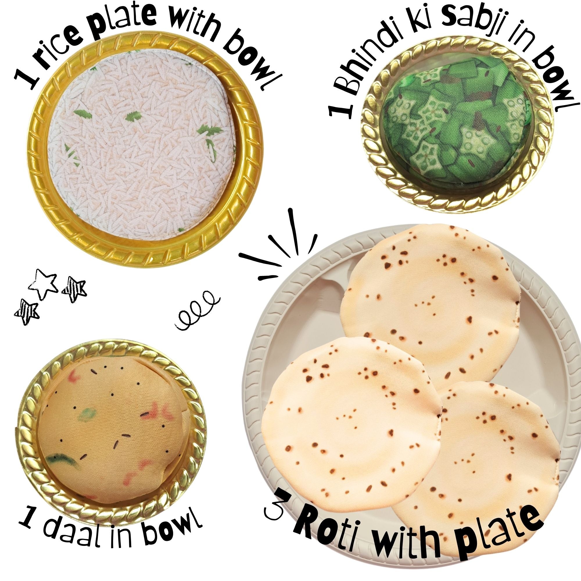 The Small Wonderland Annapurna Thali Pretend Play Set -Roti,Daal ,Rice ,bhindi ki sabji - Indian Food Inspired Pretend Play toys