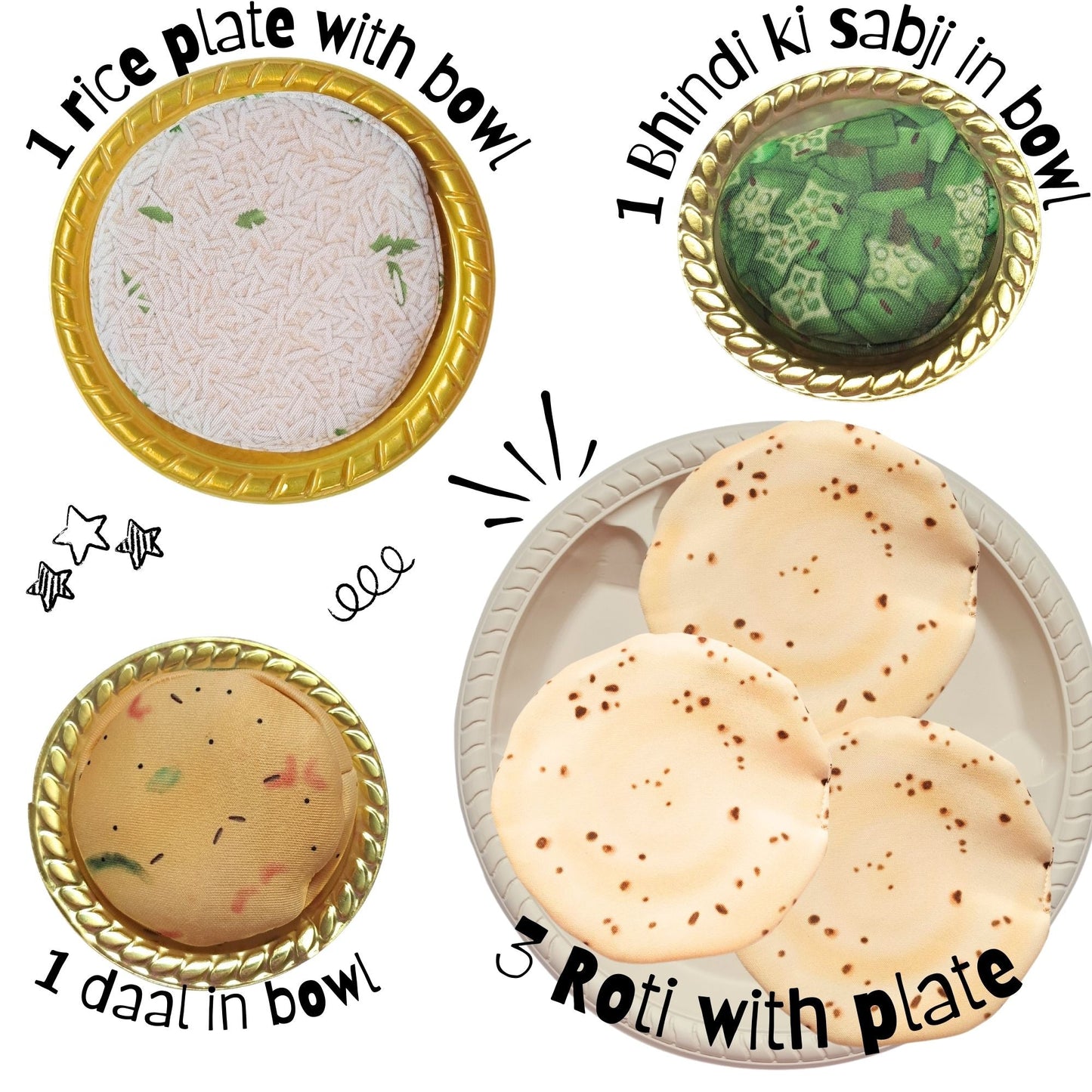 The Small Wonderland Annapurna Thali Pretend Play Set -Roti,Daal ,Rice ,bhindi ki sabji - Indian Food Inspired Pretend Play toys - Distacart