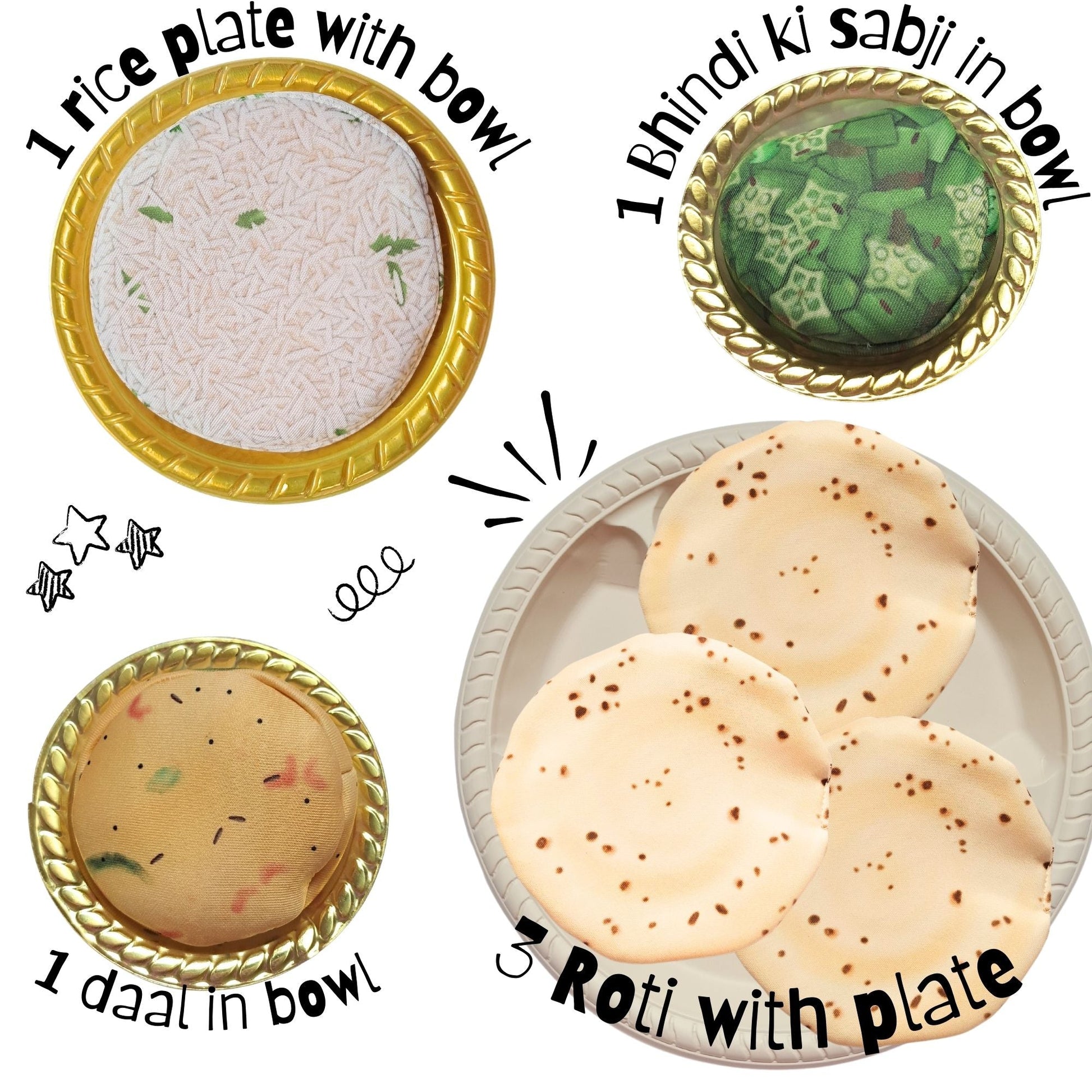 The Small Wonderland Annapurna Thali Pretend Play Set -Roti,Daal ,Rice ,bhindi ki sabji - Indian Food Inspired Pretend Play toys - Distacart