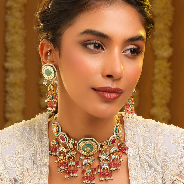 Ruby Raang Kundan Emerald Bloom Necklace With Matching Earrings - Distacart