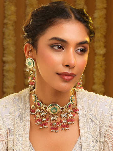 Ruby Raang Kundan Emerald Bloom Necklace With Matching Earrings - Distacart