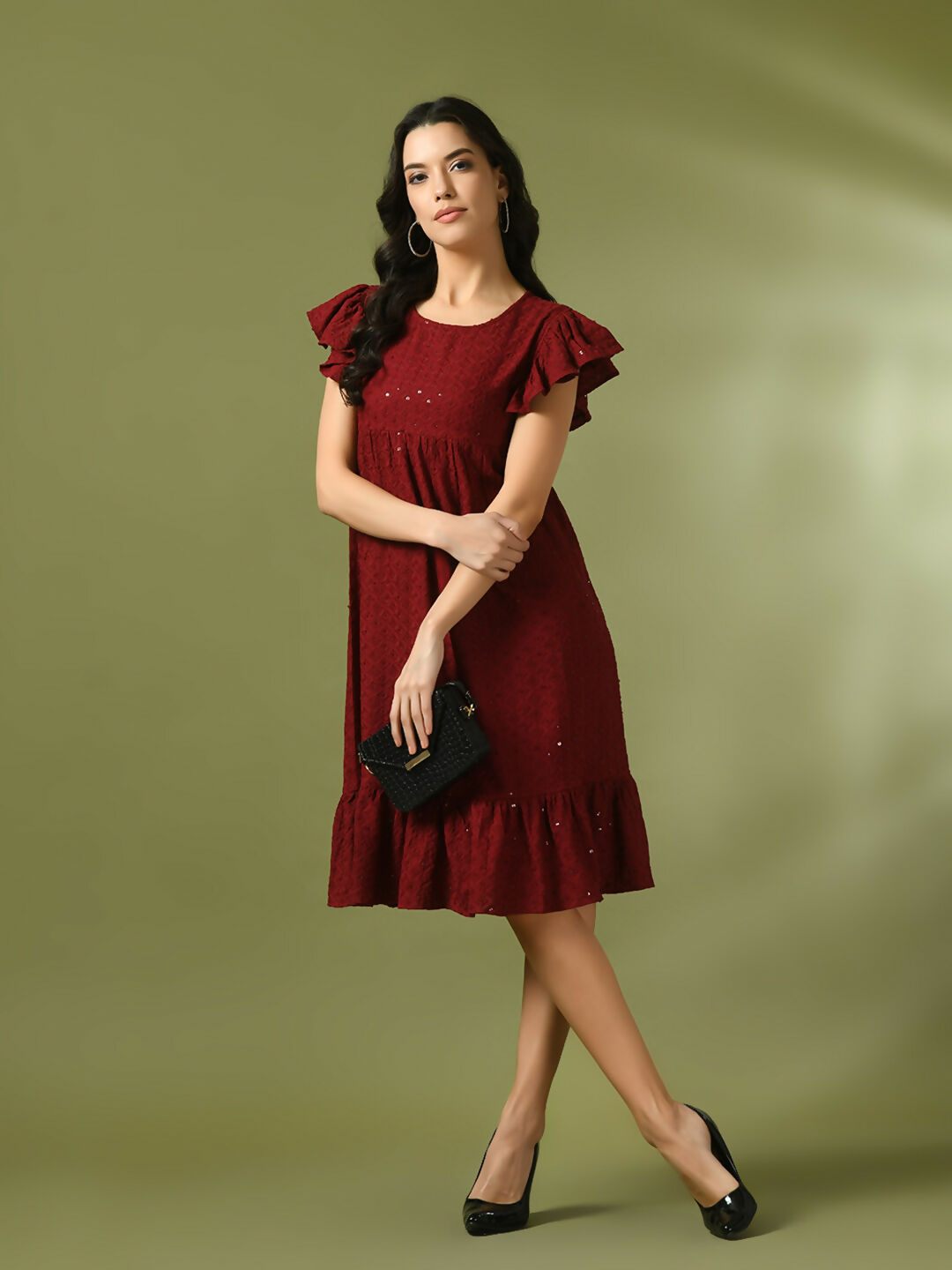 Myshka Women's Maroon Embroidered Cotton Round Neck A-Line Party Dress - Distacart