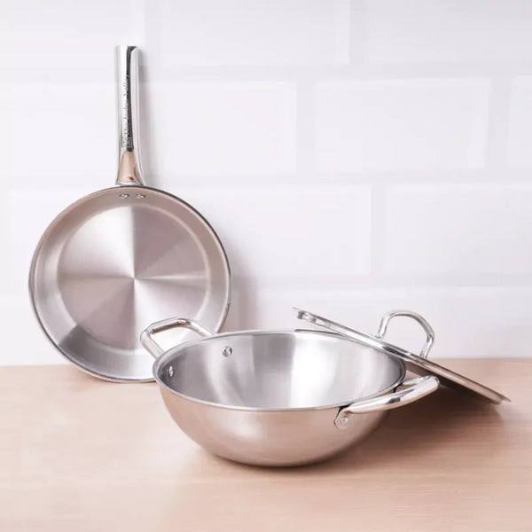 The Indus Valley TurboCuk Tri-ply Stainless Steel Cookware Set: 3L Kadai with Lid + 1.4L Fry Pan, Premium Quality, 3 Layer Thick Body, 100% Toxin-free, Non-stick, Induction & Gas