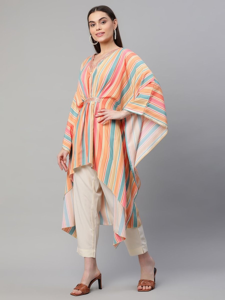 Ahalyaa Women Multi Color Crepe Striped Printed Kaftan Kurta With Trousers - Distacart