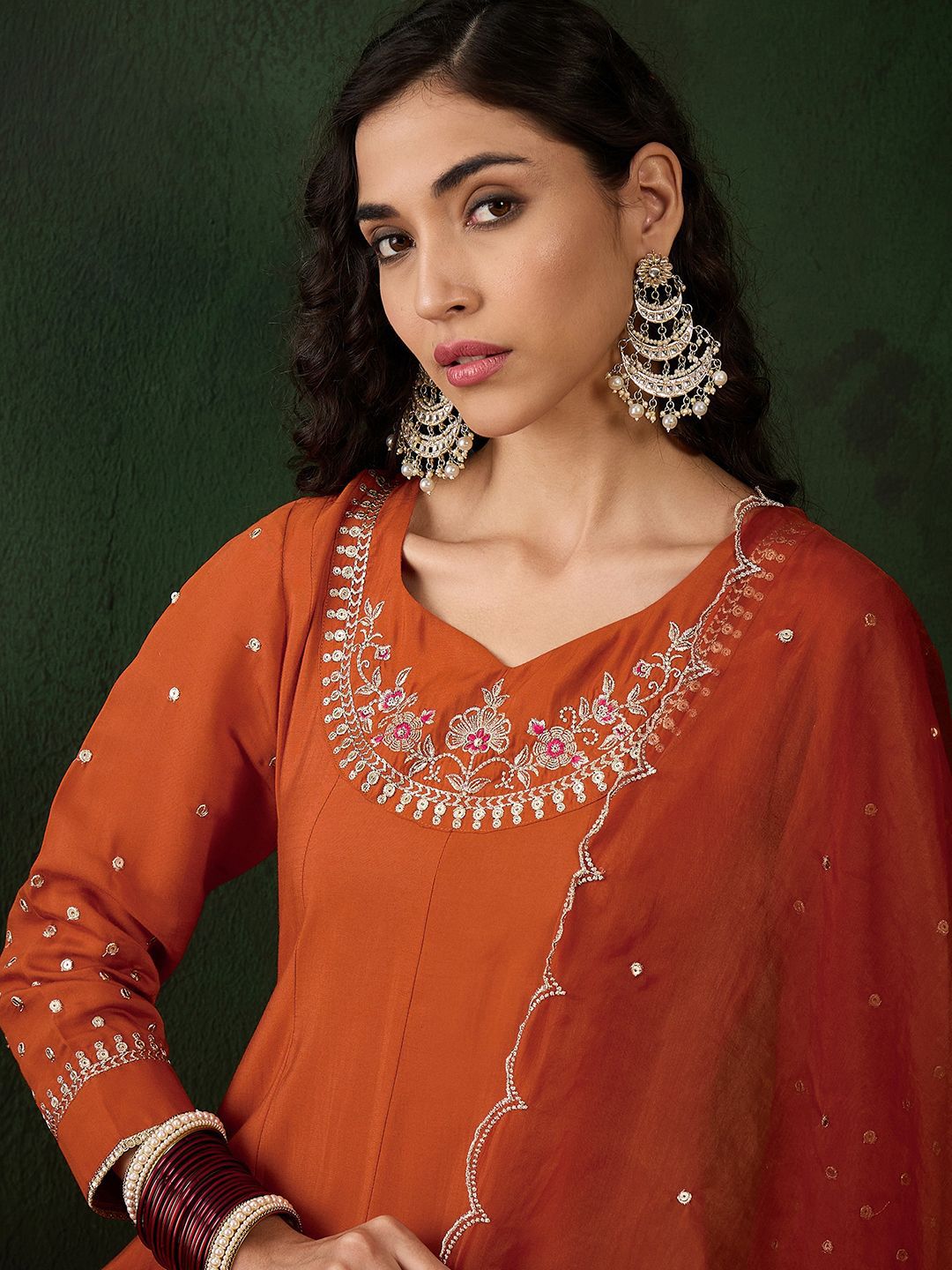 Sangria Embroidered A-Line Kurta & Trousers With Dupatta - Distacart