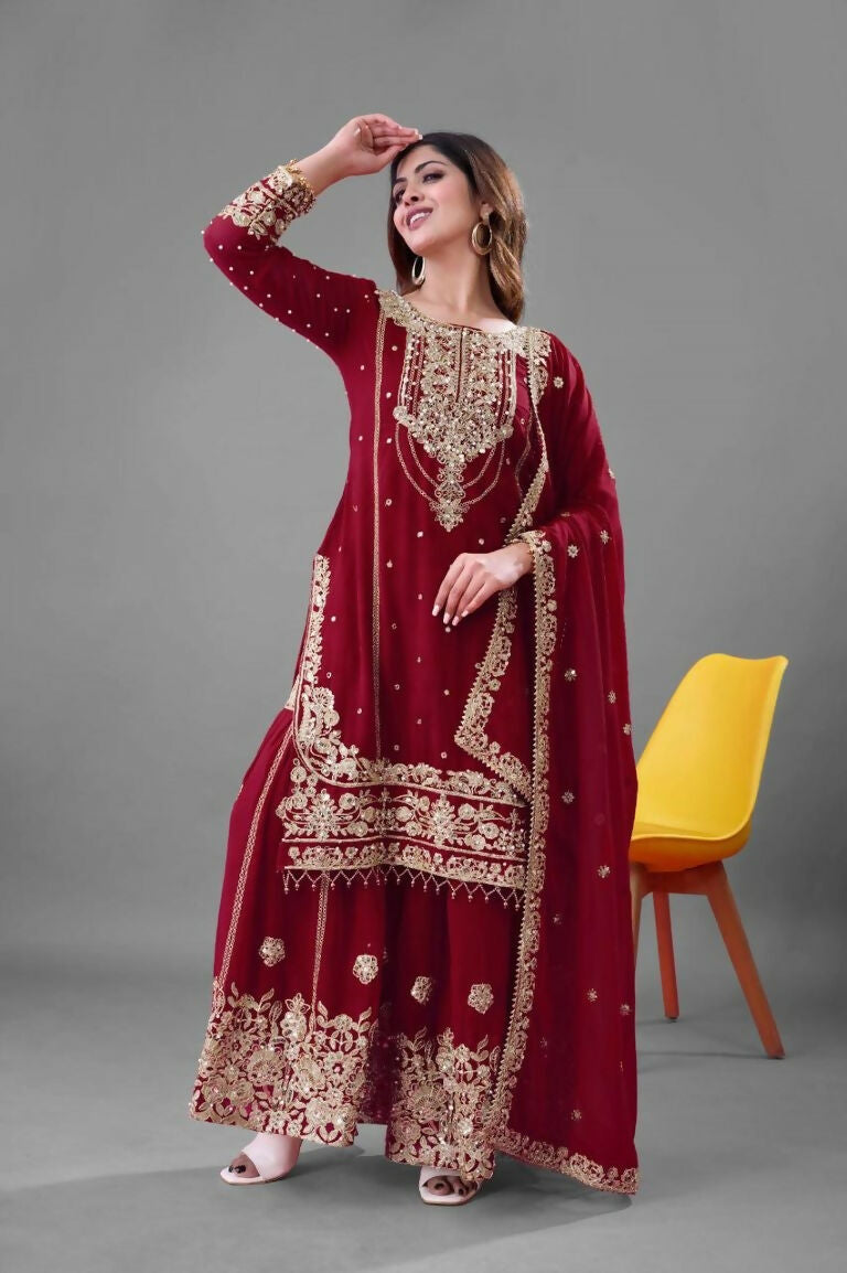 Teeya Creation Red Color Faux georgette Embroidery Work Sharara Set
