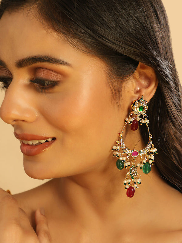 Nuyug 22K Gold Plated Crescent Kundan Drop Green Stone Chandbali Earrings