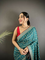 Thumbnail for Joban Fashion Emerald Blue Bandhej Bandhani Vichitra Silk Bandhani Prints Saree
