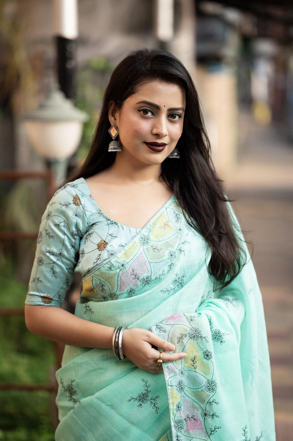 SeaGreen Pure Linen Ethnic Motifs Saree with Unstitched Blouse - Hiral Fashion - Distacart