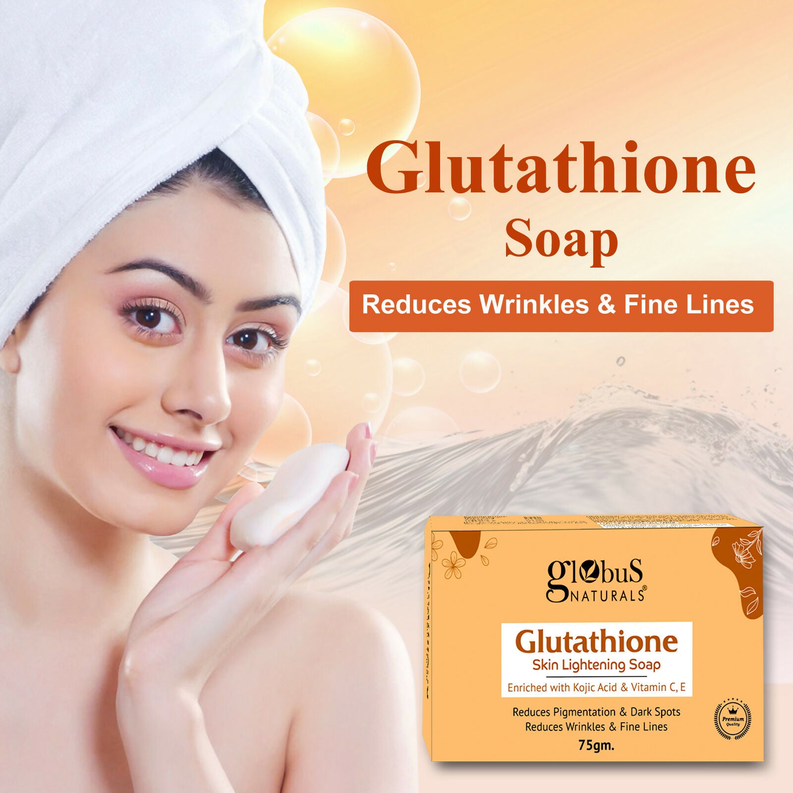 Globus Naturals Glutathione Skin Lightening Soap Enriched with Kojic Acid & Vitamin C, E, Reduces Dark Spots, Wrinkles & Fine Lines