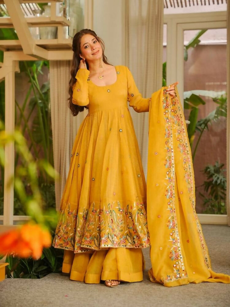 Buy Teeya Creation Yellow Color Crunchy Silk Fancy Wedding Wear Palazzo ...