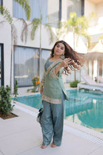 Thumbnail for Teeya Creation Womens New Wedding Wear Sky Color Salasa Fabrics With Mirror & Lace Work Kurta Pant Set - Dista