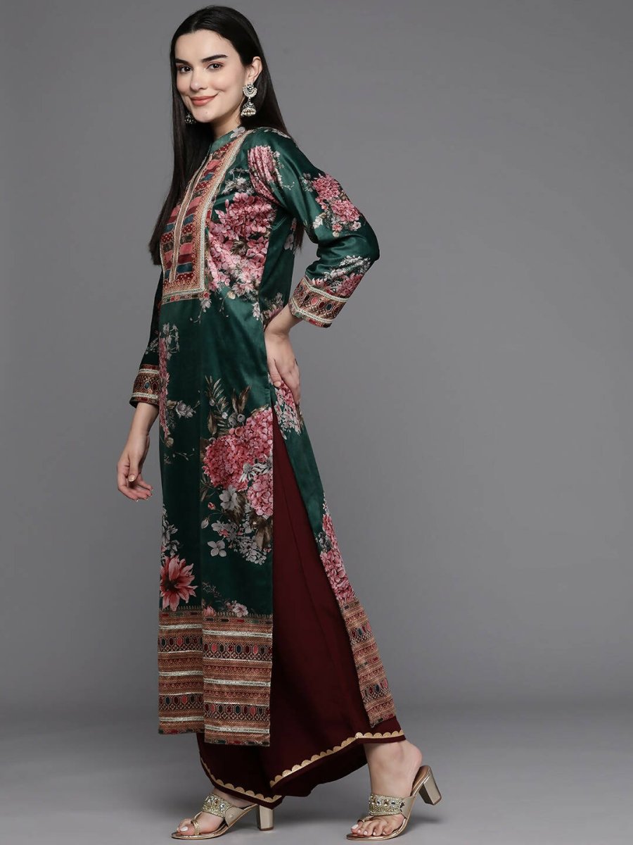 Ahalyaa Women Floral Printed Gotta Patti Velvet Kurta - Green Color - Distacart