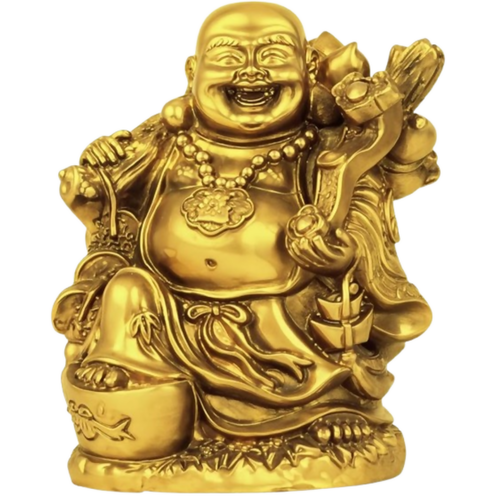 Tied Ribbons Decorative Good Plated Luck Laughing Buddha Idol Statue Showpiece - Dista