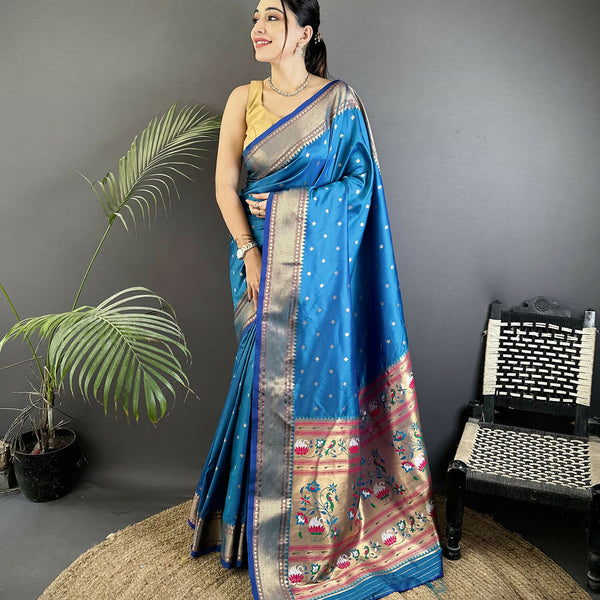 Joban Fashion Blue Butti Woven Soft Lichi Silk Paithani Saree - Distacart