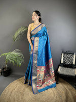Thumbnail for Joban Fashion Blue Butti Woven Soft Lichi Silk Paithani Saree - Distacart