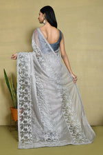 Thumbnail for Grey Organza Satin Silk Floral Embroidered Festive Saree - Nimaya Denzy - Distacart