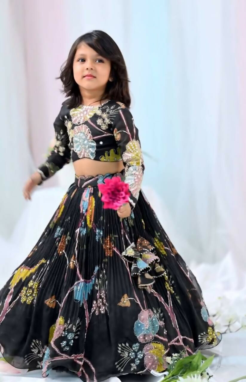 Divine Drape Girl's Chinon Silk Digital Print Lehenga Choli - Black