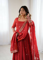 Thumbnail for The52 Women's Beautiful Embroidery Work Crunchy Silk Fabric Flared Anarkali and Dupatta Set - Distacart