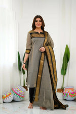 Thumbnail for Divine Drape Women's Cotton Printed Straight Kurta With Dupatta - Cream