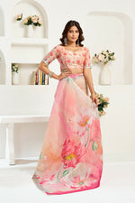 Thumbnail for Vastranavya Peach Digital Printed Linen Ready To Wear Designer Saree with Unstitched Blouse - Distacart